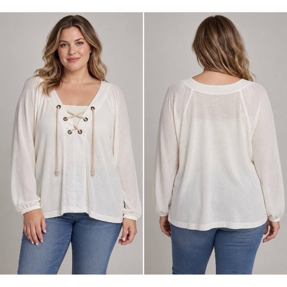 BKE Women's XL Ivory Lace Up Knit Top Boho Rope Tie Grommet Neck